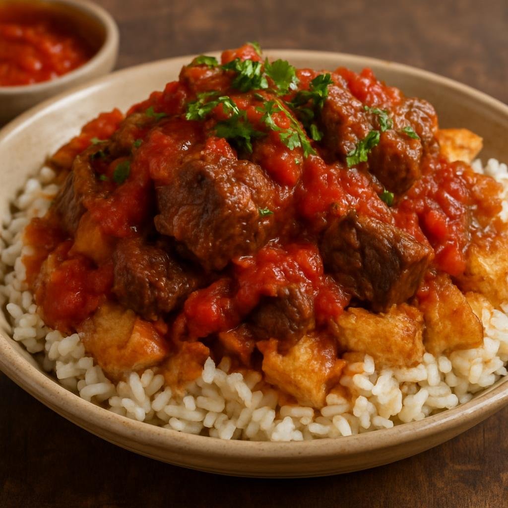 Entree: Egypt – Egyptian Street Food – فتّة ➤ Fattah (Layered rice and toasted bread topped with slow-cooked meat and a tangy garlic‑vinegar tomato sauce) recipe