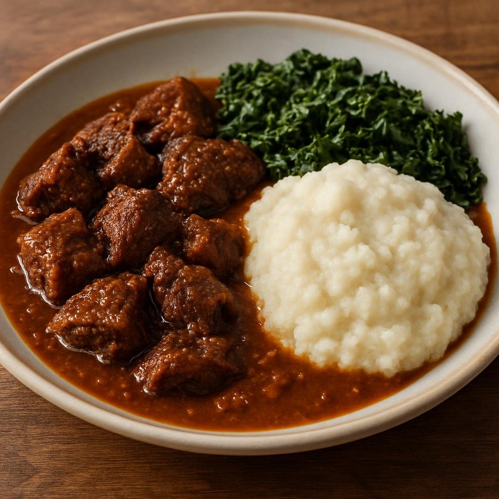 Entree: Botswana – Southern Culinary Region – Matemekwane (Slow-braised beef stew served with a thick millet porridge and leafy greens) recipe