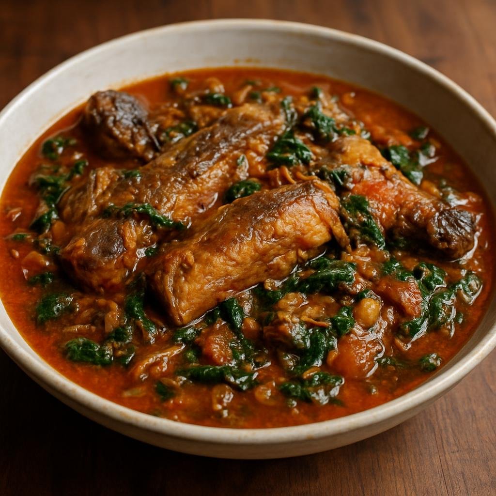 Entree: Democratic Republic of the Congo – Southern Culinary Region – Makayabu (Stewed salted dried fish cooked in a rich tomato and onion sauce with leafy greens) recipe