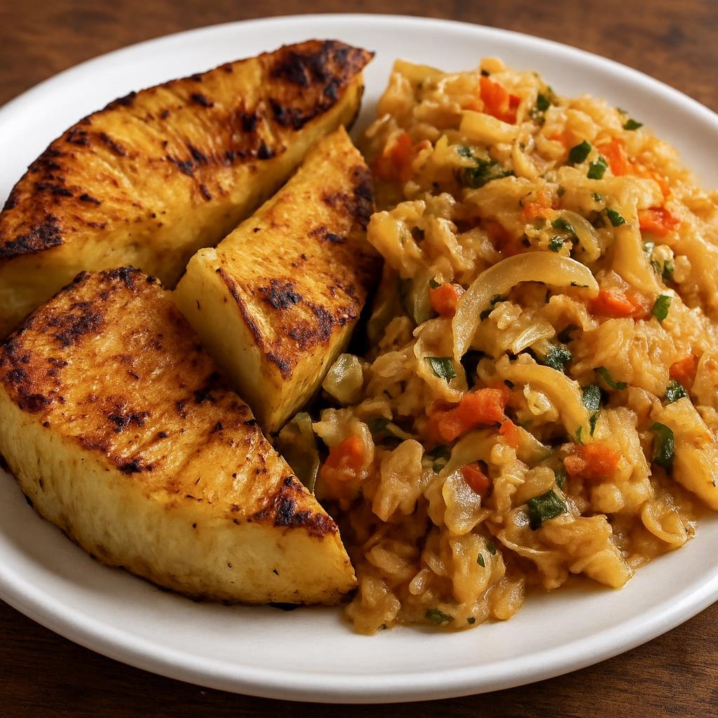 Entree: Dominica – Southern Culinary Region – Roasted Breadfruit and Saltfish (Roasted starchy breadfruit paired with salted cod sautéed with Caribbean aromatics) recipe