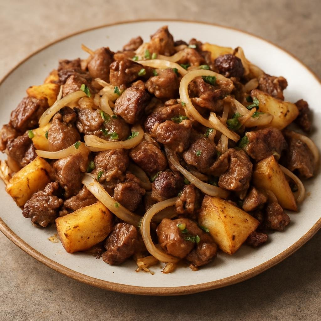 Entree: Kazakhstan – Western Steppe Kazakhstan – Қуырдақ ➤ Quyrdaq (Traditional Kazakh pan-fried meat and offal with onions and potatoes) recipe
