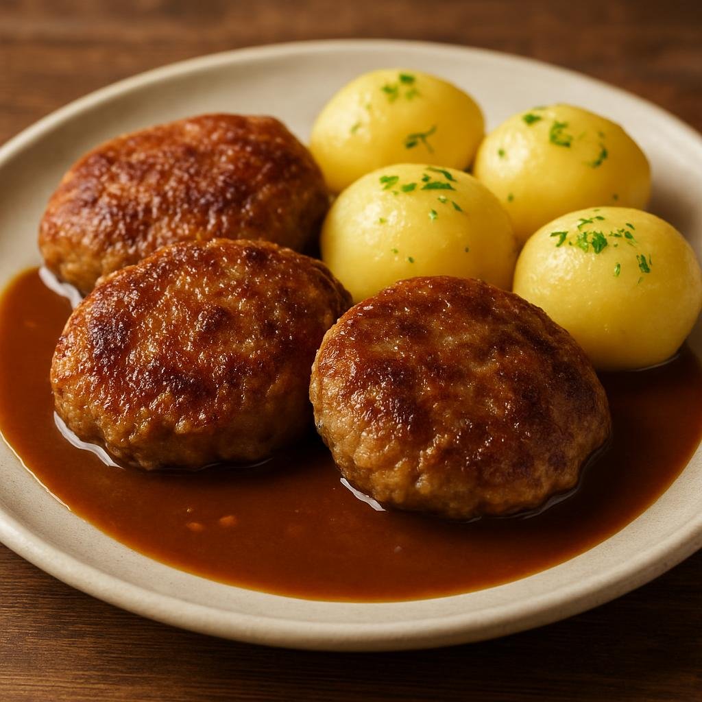 Entree: Norway – Western Fjords – Kjøttkaker (Pan-fried Norwegian spiced meat patties served with savory brown gravy and boiled potatoes) recipe