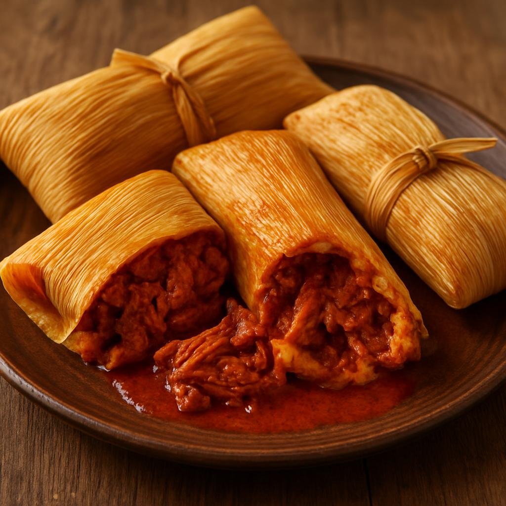 Entree: United States – Arizona-Sonoran – Tamales (Steamed masa dough pockets wrapped in corn husks, filled with seasoned pork in red chile sauce) recipe