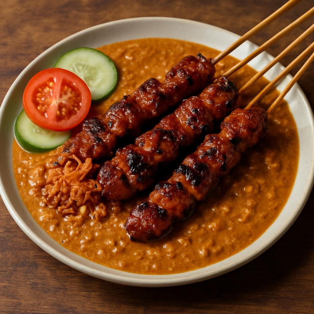 Entree: Indonesia – Betawi Jakarta – Sate Betawi (Betawi-style skewered grilled meat marinated with sweet soy and spices, served with a rich peanut-coconut sauce) recipe