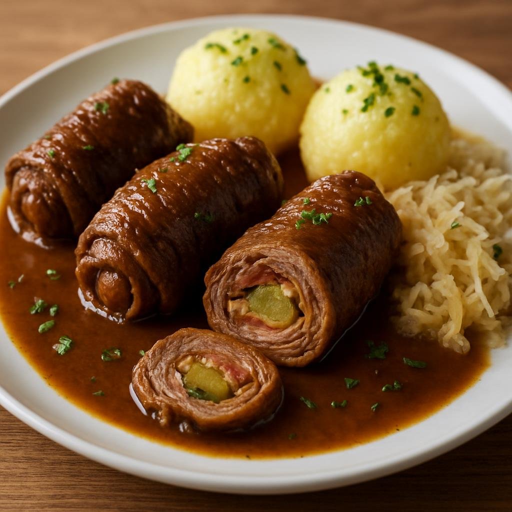 Entree: Germany – Franconia – Fränkische Rinderroulade (Franconian-style beef roulades of thinly sliced beef rolled with bacon, mustard, and pickles, braised until tender) recipe