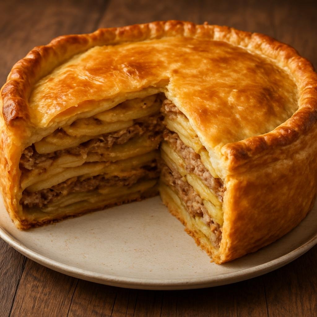 Entree: Canada – Central Culinary Region – Cipaille (Deep layered meat and potato pie baked in a deep pastry crust) recipe