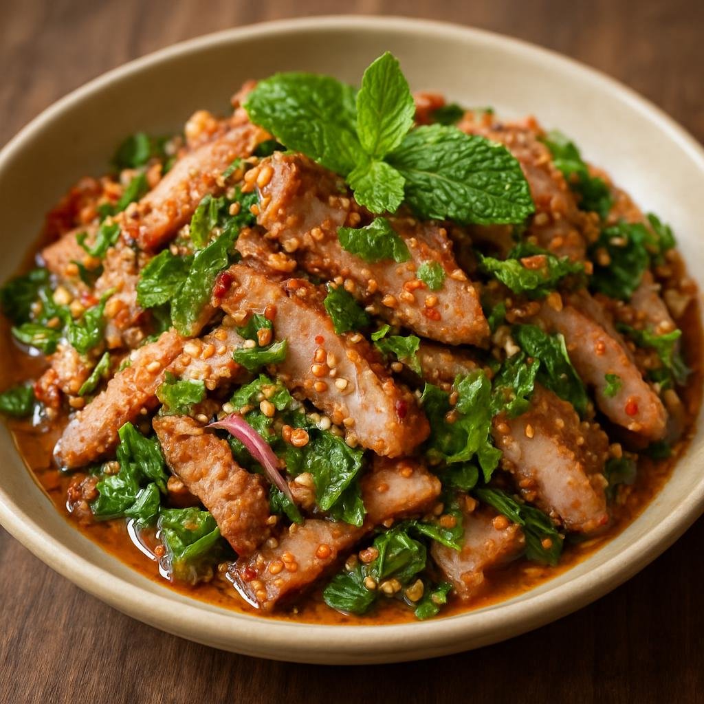 Entree: Thailand – Northeastern Isan – หมูน้ำตก ➤ Moo Nam Tok (Grilled sliced pork salad tossed in a spicy lime-chili dressing with toasted rice and fresh herbs) recipe