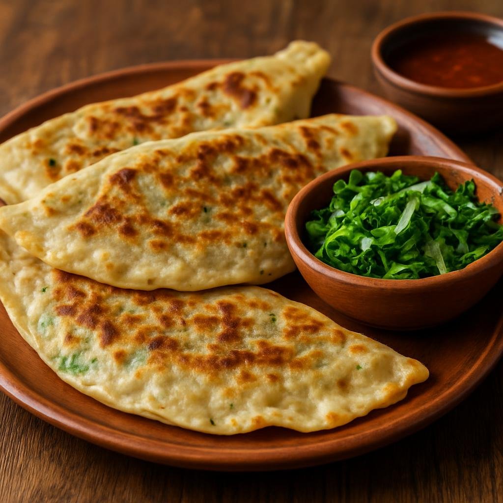 Entree: Azerbaijan – Central Culinary Region – Qutab (Thin stuffed flatbread folded and pan-cooked, typically filled with herbs or meat) recipe