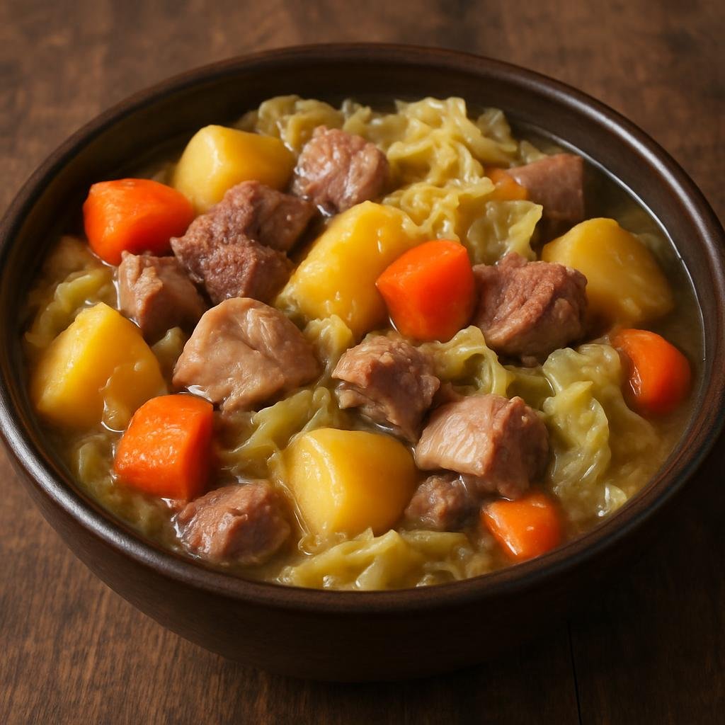 Entree: Belgium – Flanders – Hutsepot (Hearty Flemish meat-and-vegetable stew of mixed beef and pork slowly cooked with root vegetables and cabbage) recipe