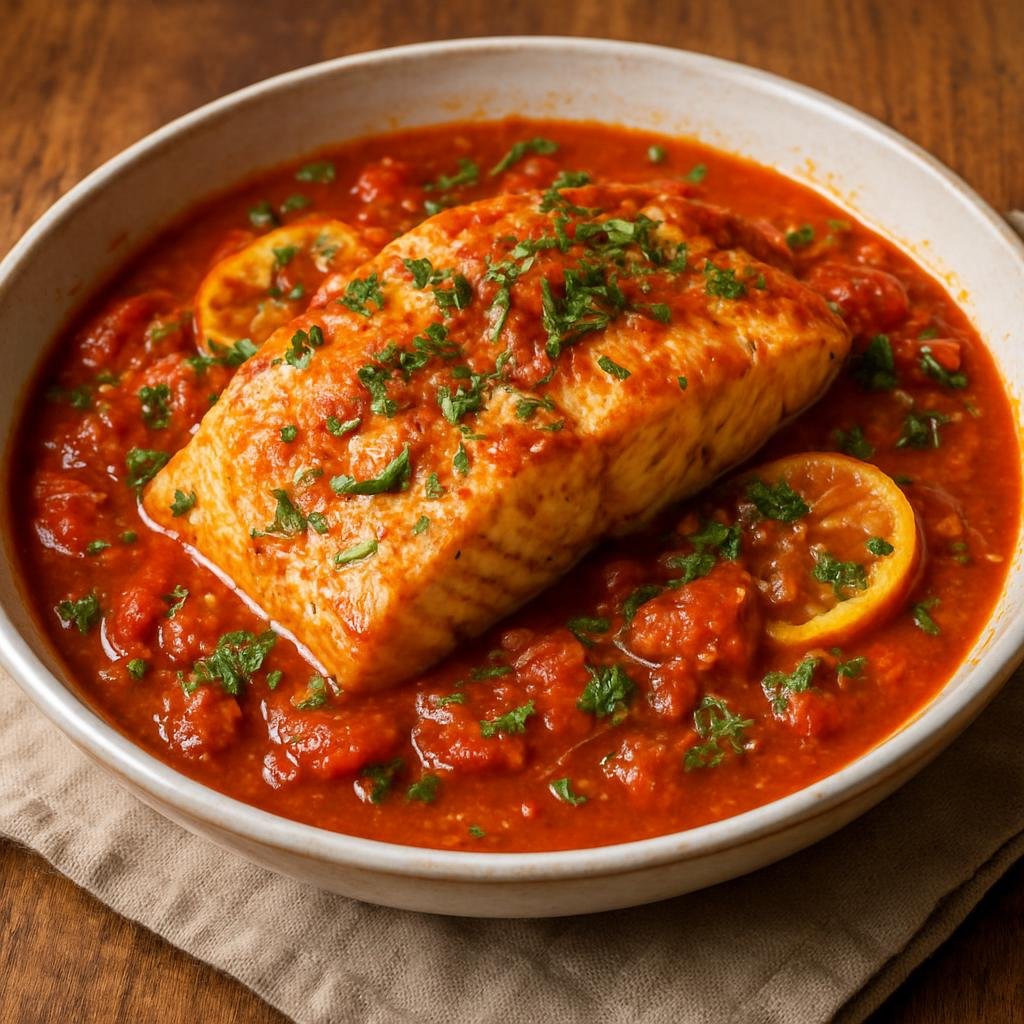 Entree: Israel – Mediterranean Israeli – דג מרוקאי ➤ Dag Marokai (Firm white fish braised in a spiced tomato, herb, and preserved-lemon sauce) recipe