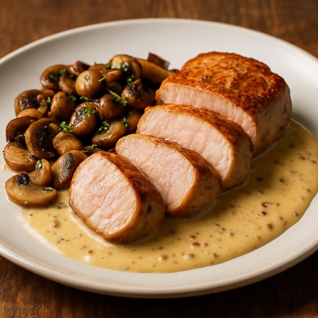 Entree: Netherlands – Limburg – Limburgse Varkenshaas (Pan-seared pork tenderloin from Limburg served with a beer-mustard cream sauce and sautéed mushrooms) recipe