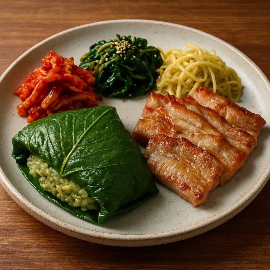 Entree: South Korea – Jeolla – 보성 쌈밥 ➤ Boseong Ssambap (Leaf-wrapped rice flavored with Boseong green tea, served with grilled pork and seasoned vegetables) recipe