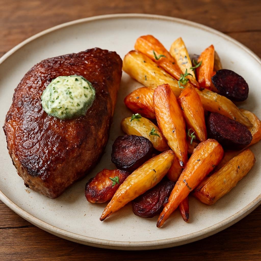 Entree: Antarctica – Southern Culinary Region – Roasted Skua Breast (Pan-roasted skua breast served with herb butter and roasted root vegetables) recipe