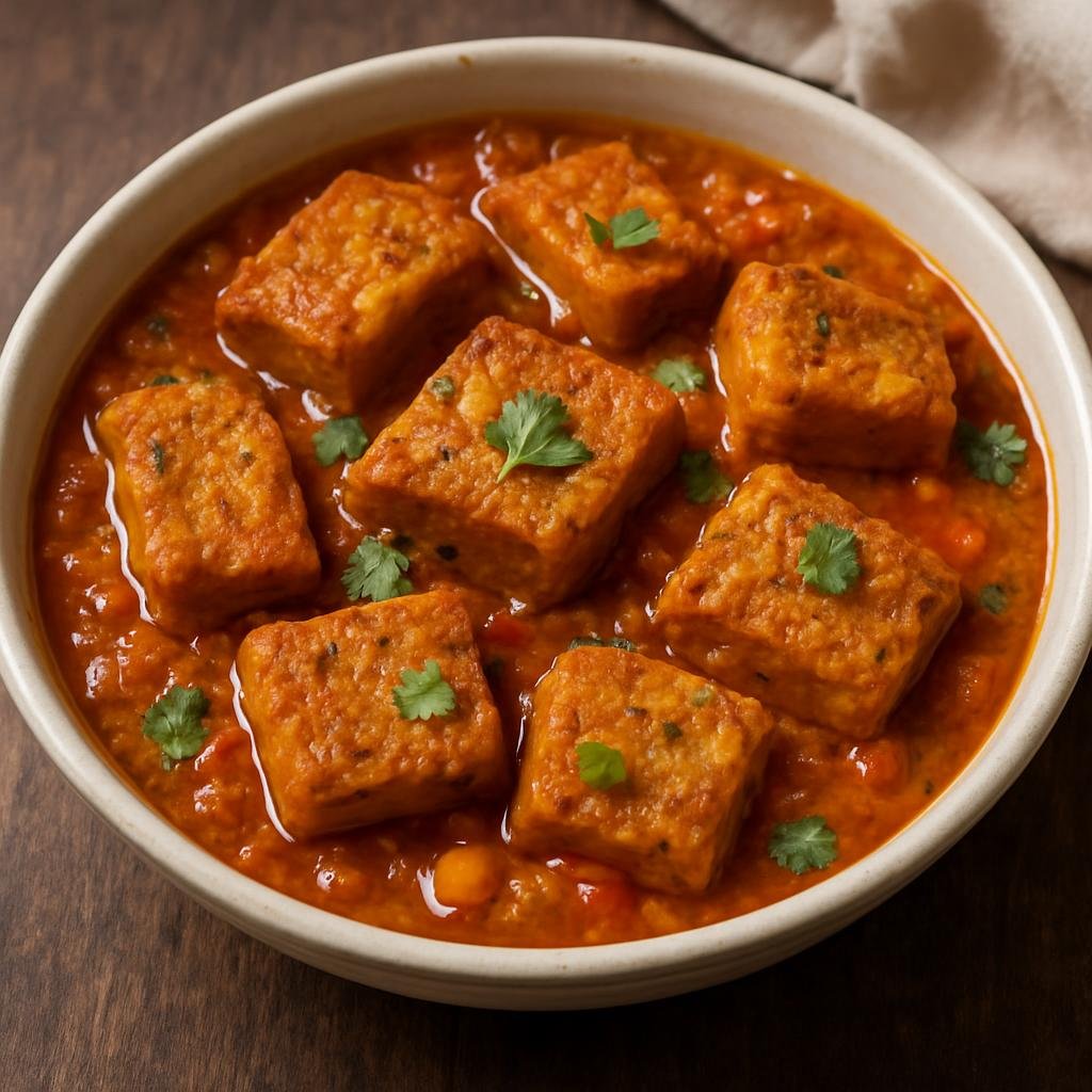 Entree: India – Bengal – ঢোকার দালনা ➤ Dhokar Dalna (Fried lentil cakes simmered in a Bengali spiced tomato-onion gravy) recipe
