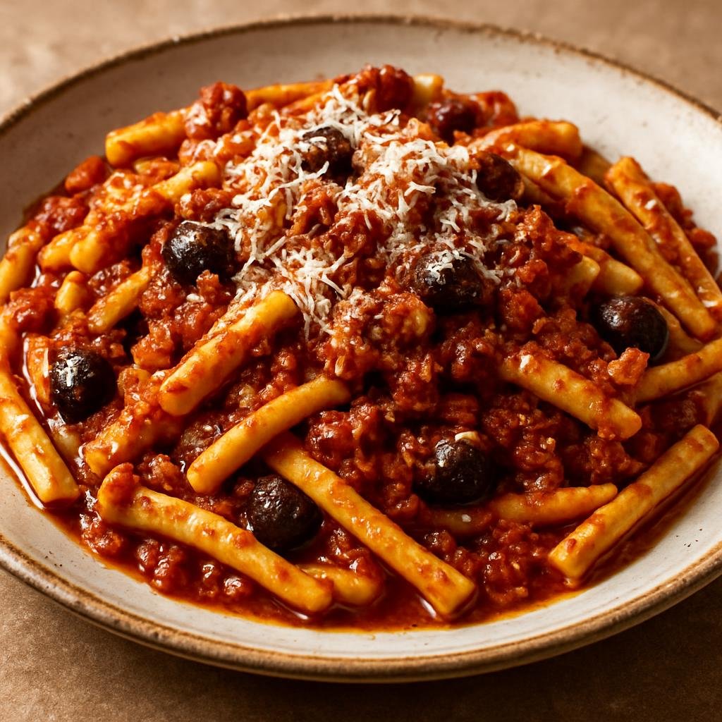 Entree: Italy – Calabria – Pasta alla Corte d'Assise (Calabrian pasta with a spicy pork ragù featuring ’nduja, olives, and Pecorino) recipe