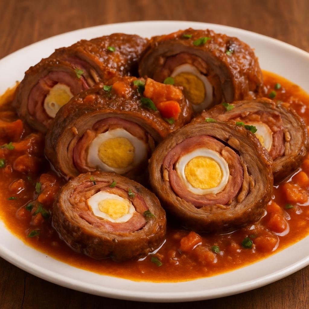 Entree: Philippines – Kapampangan – Morcon (Beef roulade stuffed with cured meats, vegetables, and egg braised in a savory tomato sauce) recipe