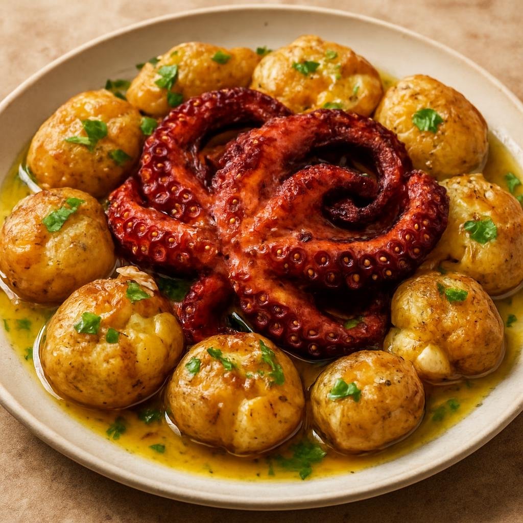 Entree: Portugal – Lisbon – Polvo à Lagareiro (Roasted octopus served with smashed, roasted potatoes dressed in abundant olive oil and garlic) recipe