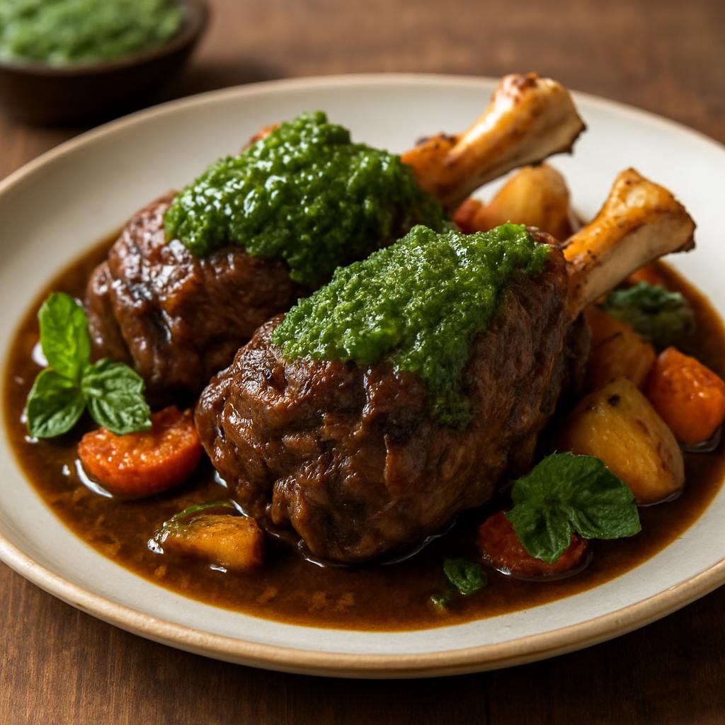 Entree: Ireland – Ulster / Northern Border – Lamb Shanks with Mint Sauce (Slow-braised bone-in lamb shanks finished with a traditional tangy mint sauce) recipe