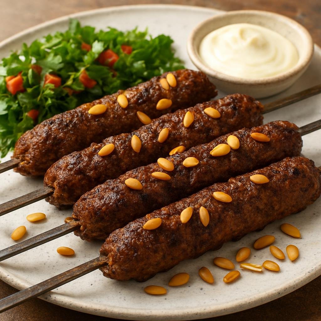 Entree: Israel – Mediterranean Israeli – קבב חלבי ➤ Kebab Halabi (Aleppo-style spiced ground lamb kebabs grilled on skewers with warm spices and pine nuts) recipe
