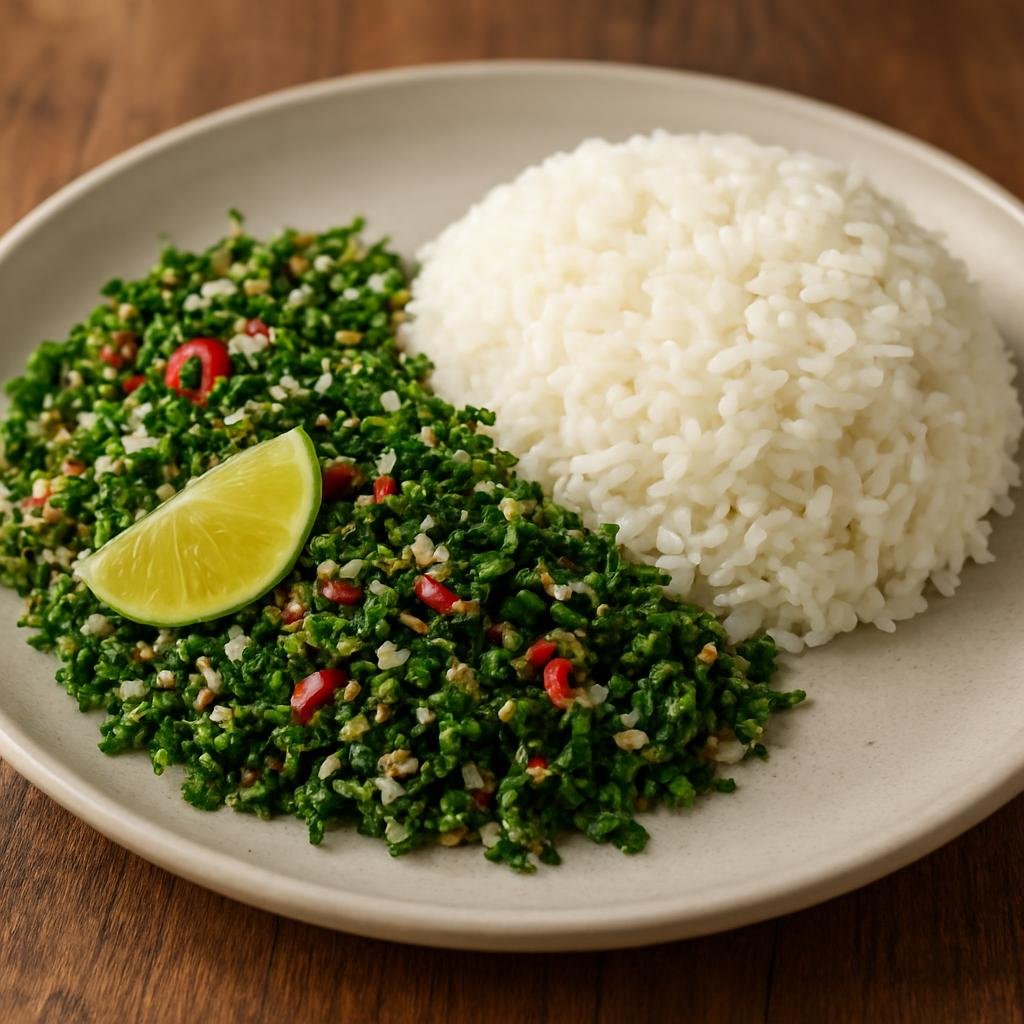 Entree: Sri Lanka – Southern Coast – ගොටුකොළ සම්බෝල ➤ gotu kola sambōla (Finely chopped fresh gotu kola leaves mixed with grated coconut, chilies, onion, and lime served with steamed rice) recipe
