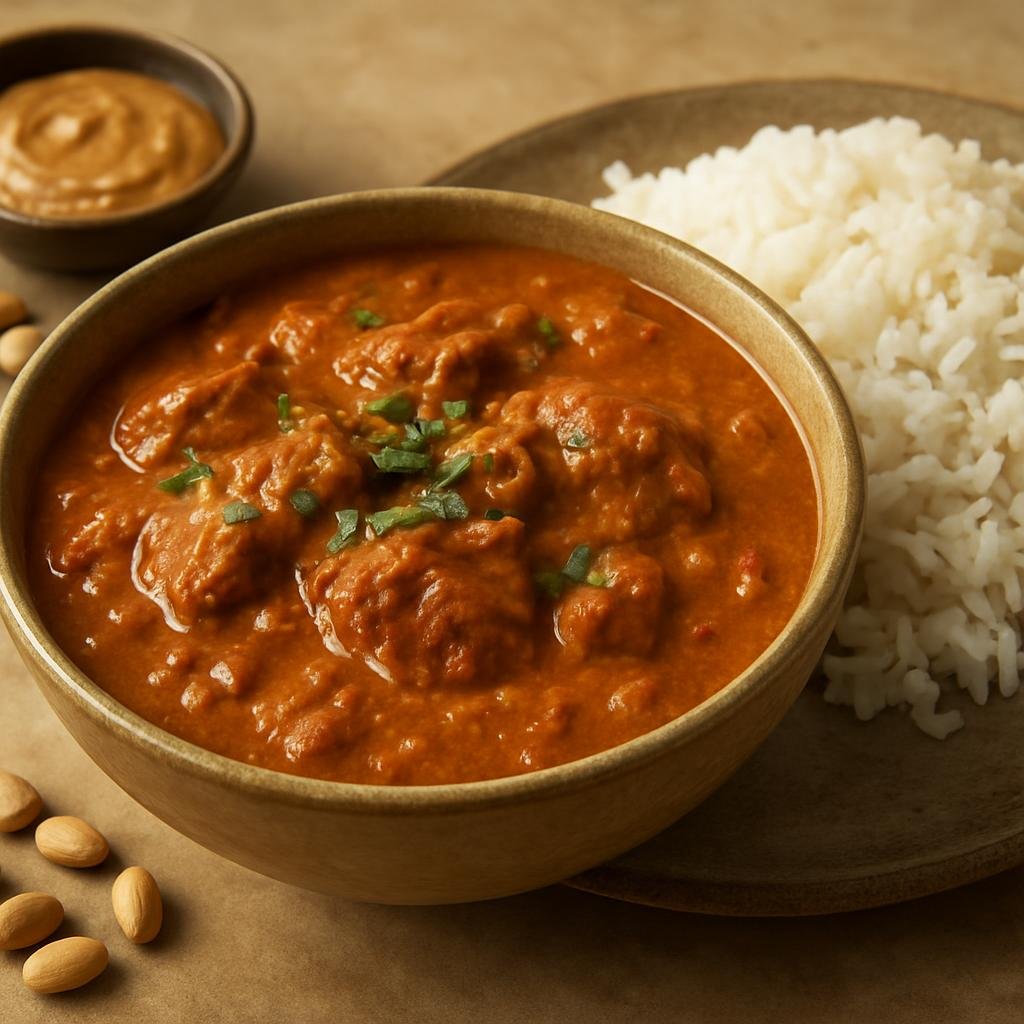 Entree: Burkina Faso – Southern Culinary Region – Sauce Arachide (A rich West African peanut stew made with tomatoes, onions, and spices often cooked with meat and served with rice or millet) recipe