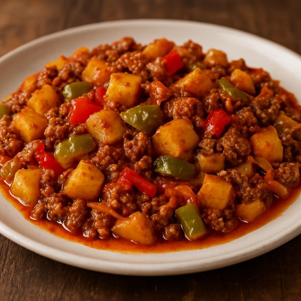 Entree: Costa Rica – Southern Culinary Region – Picadillo de Papa (Costa Rican seasoned ground-beef and potato hash cooked with onions, peppers and Salsa Lizano) recipe