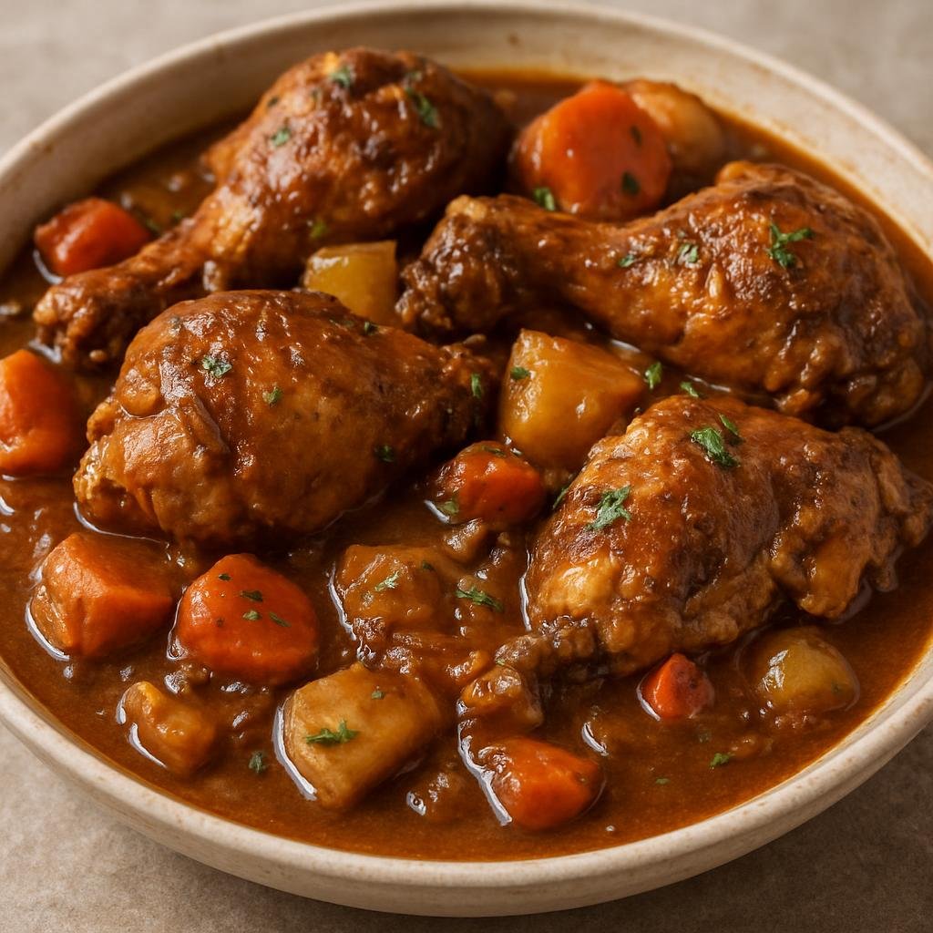 Entree: Dominica – Southern Culinary Region – Brown Stew Chicken (Slow-browned chicken simmered in a savory aromatic gravy with Caribbean spices and vegetables) recipe