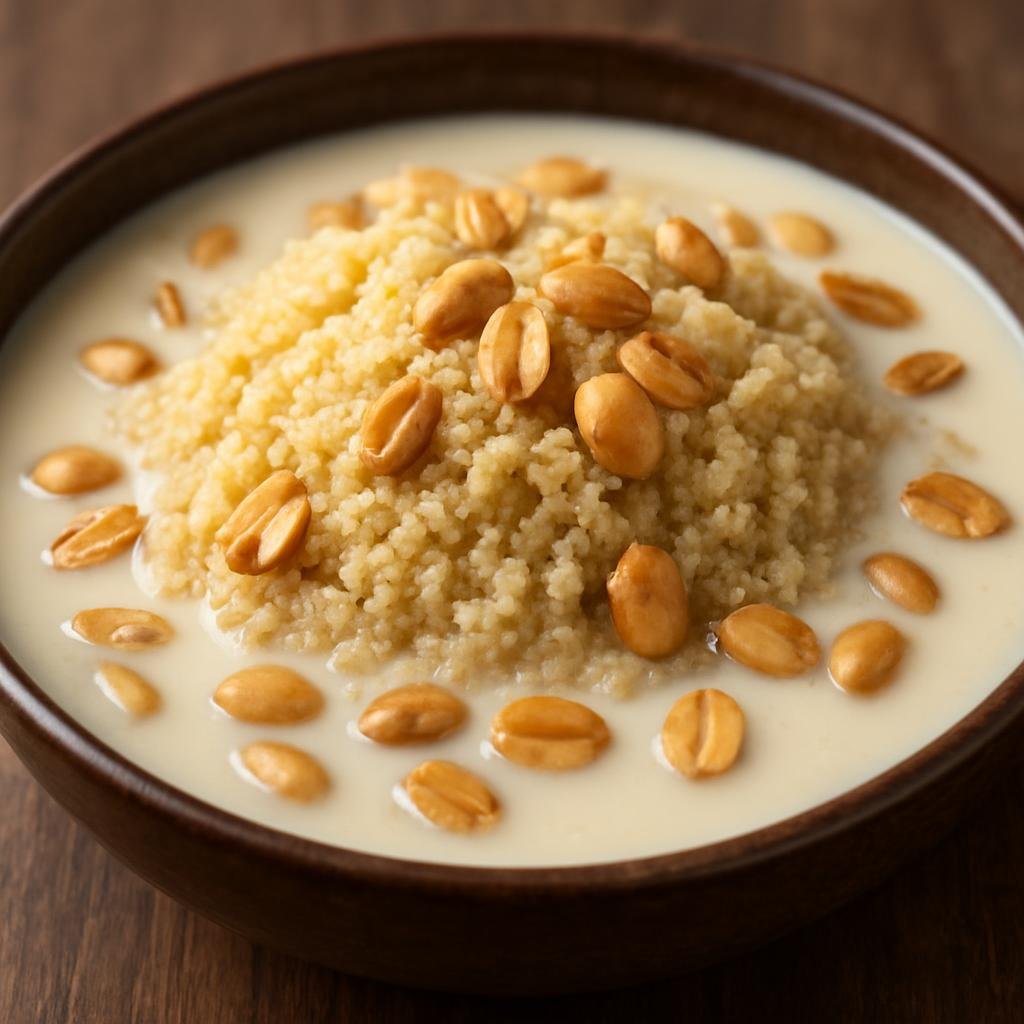 Entree: Senegal – Senegalese Wolof Cuisine – Lakh (A Wolof millet couscous dish cooked and served with warm sweetened milk and roasted peanuts) recipe