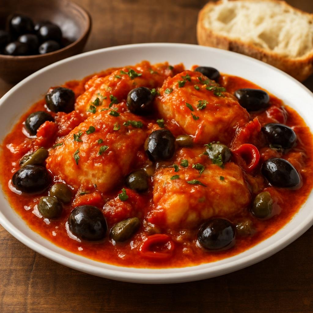 Entree: Italy – Calabria – Baccalà alla Calabrese (Salted cod stewed Calabrian-style with tomatoes, olives, capers, and hot pepper) recipe