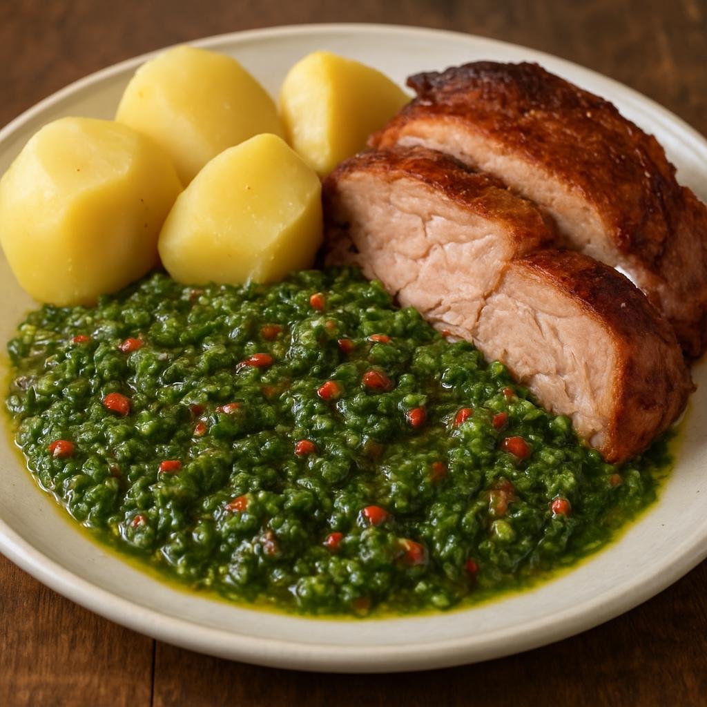 Entree: Peru – Arequipa – Pebre Arequipeño (Arequipa-style spicy pepper and herb stew served with potatoes and roasted pork) recipe