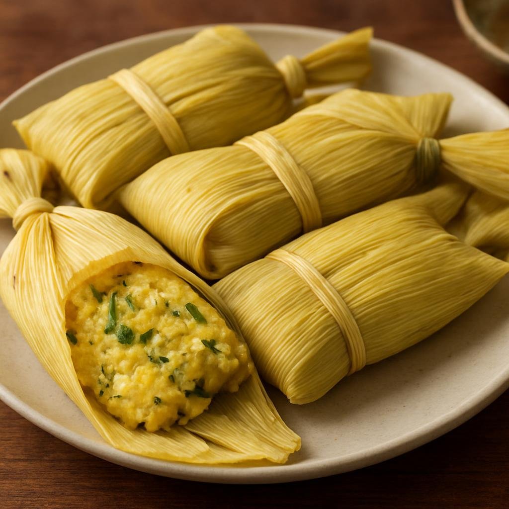 Entree: Chile – Northern Chile – Humitas (Steamed Northern Chilean fresh corn cakes mixed with onion, herbs, and cheese, wrapped in corn husks) recipe