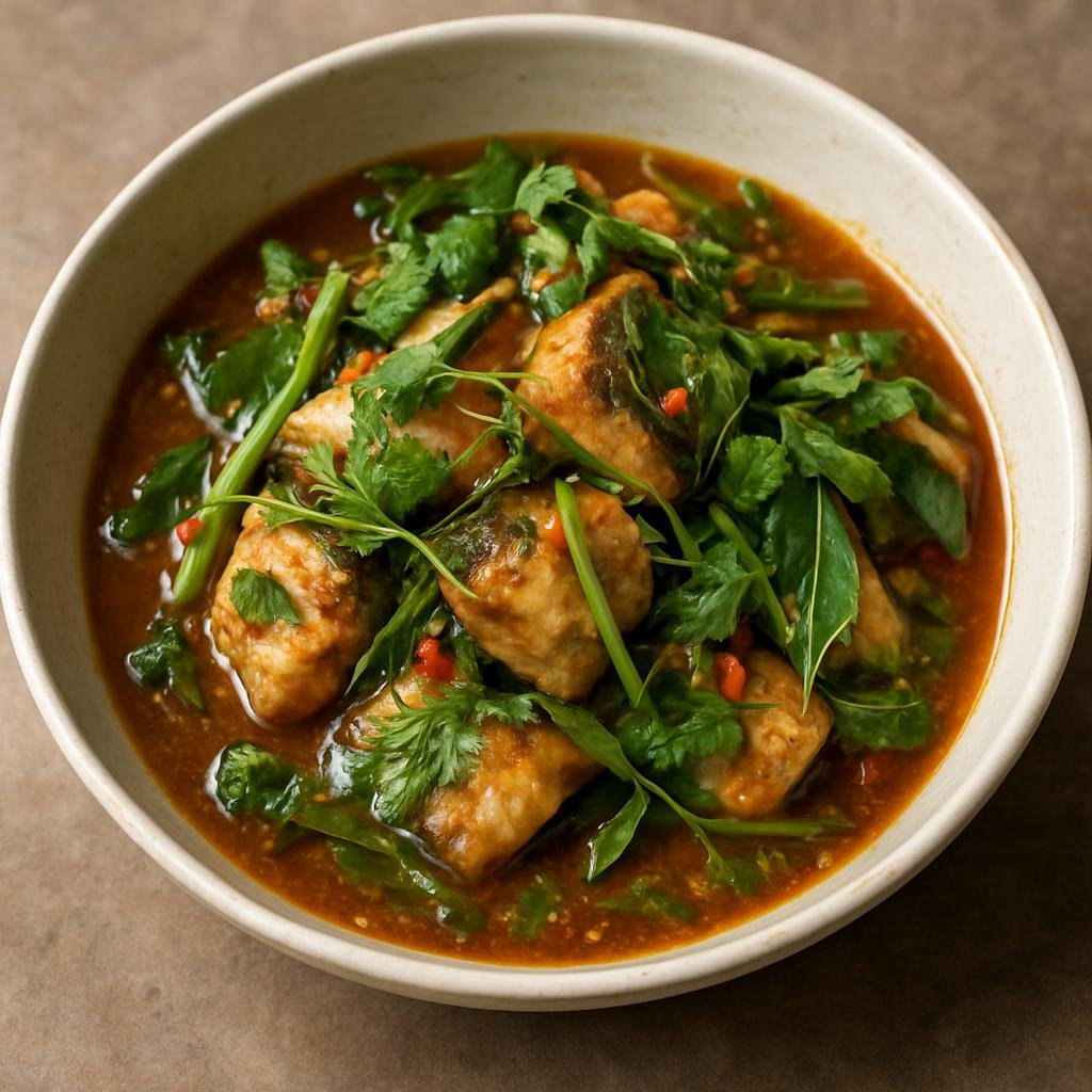 Entree: Cambodia – Mekong Cambodia – ចា ត្រោប ដត ➤ Cha Traop Dot (Mekong-style Cambodian stir-fry of freshwater fish with aromatic herbs and tamarind-lime sauce) recipe