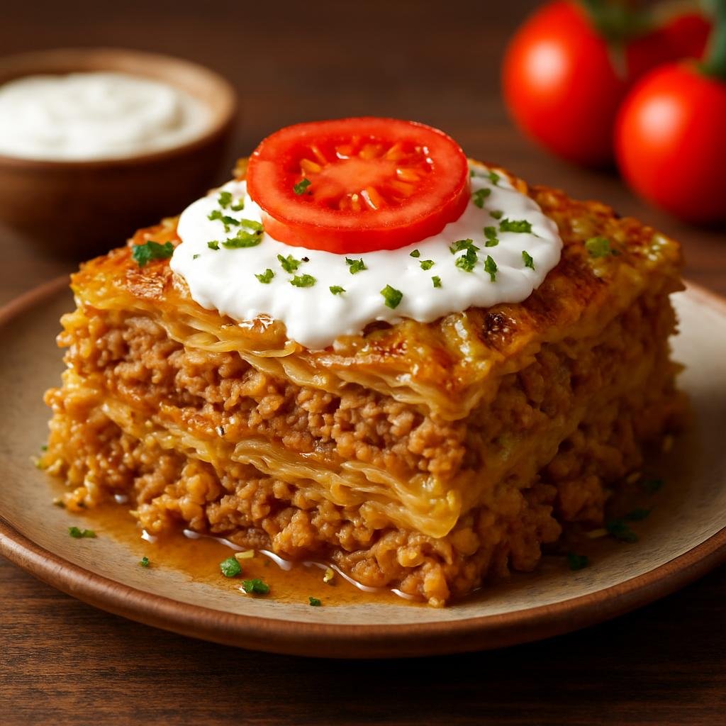 Entree: Romania – Transylvania – Varză a la Cluj (Baked Transylvanian casserole of cabbage layered with seasoned minced pork and rice, finished with sour cream and tomato) recipe