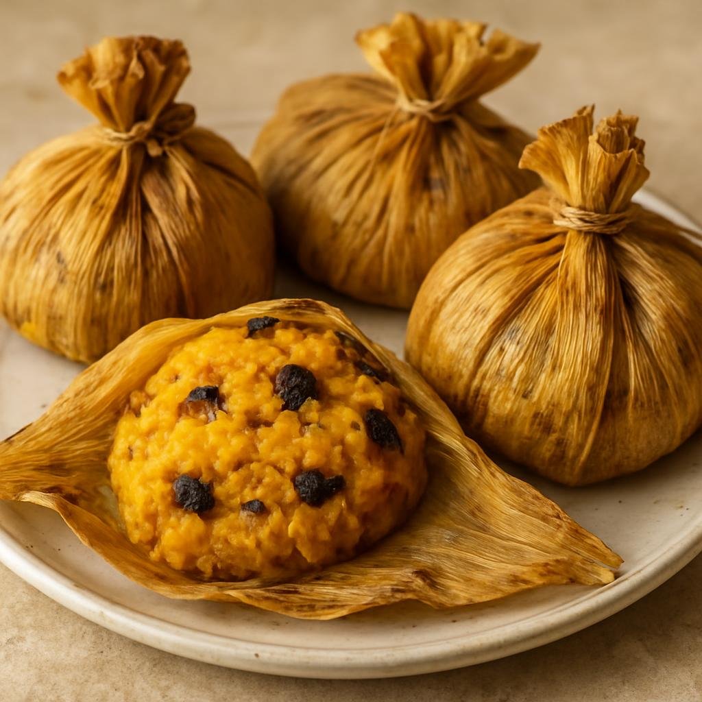Entree: Barbados – Southern Culinary Region – Conkies (Steamed cornmeal and coconut parcels flavored with grated pumpkin, spices, and raisins) recipe