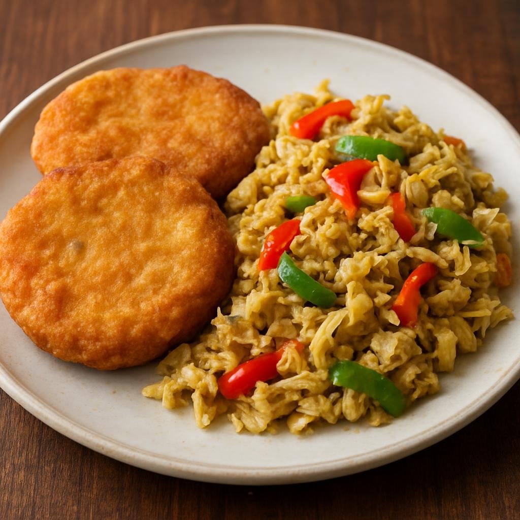 Entree: Bonaire, Sint Eustatius and Saba – Southern Culinary Region – Salt Fish and Johnny Cakes (Salted cod cooked with peppers and onions served with fried cornmeal flatbreads) recipe