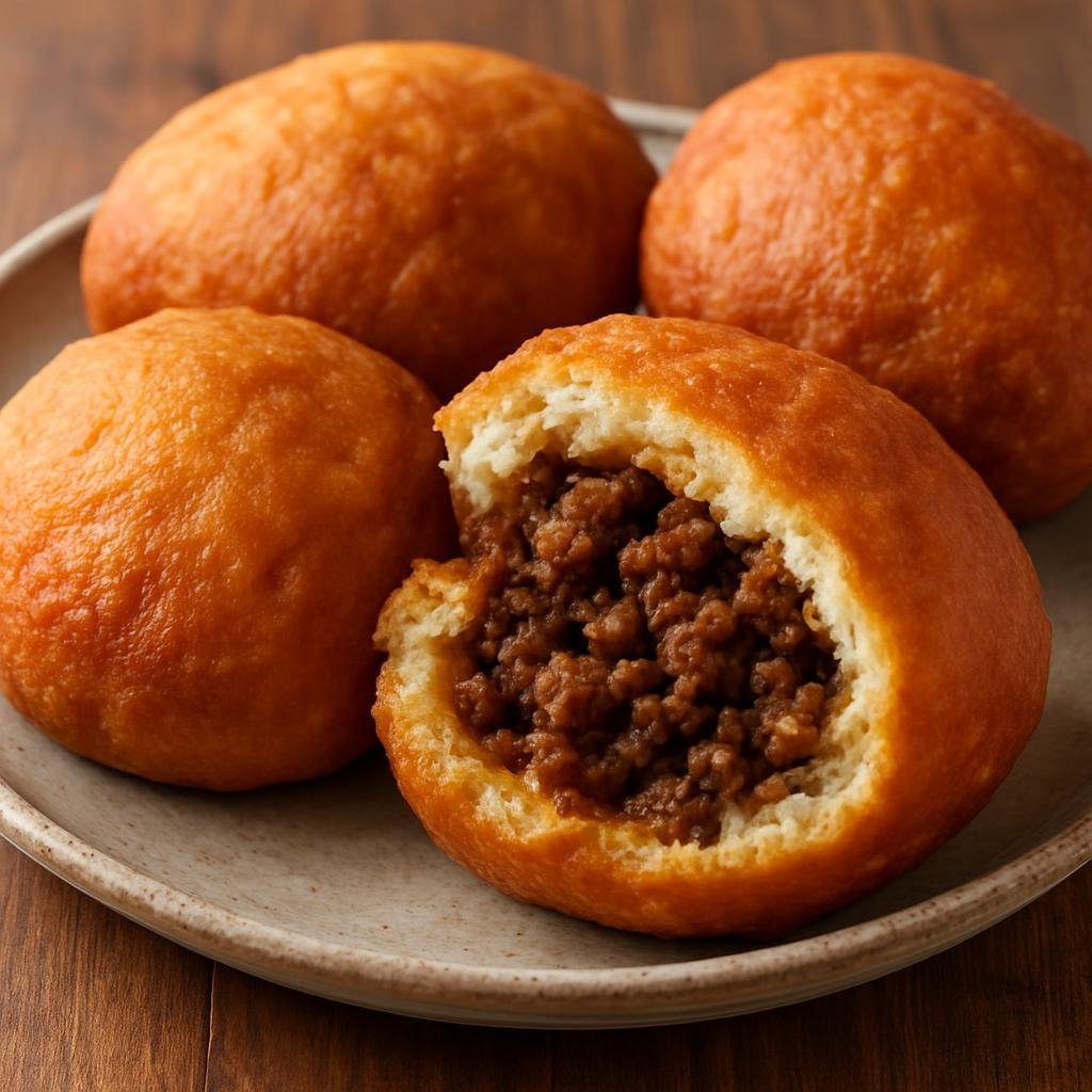 Entree: Botswana – Southern Culinary Region – Vetkoek (Deep-fried yeast dough pockets commonly filled with spiced minced meat or served with sweet toppings) recipe