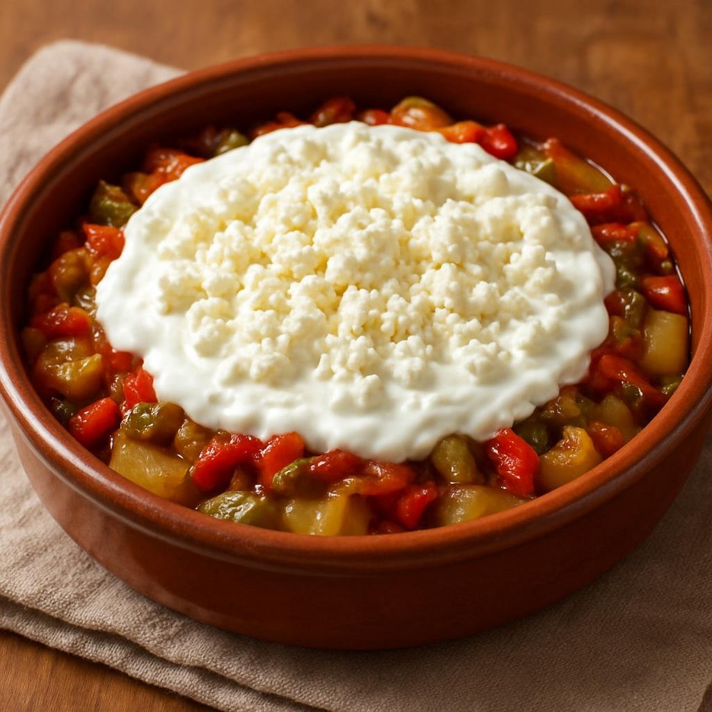 Entree: Bulgaria – Southern Culinary Region – Шопска мусака ➤ Shopska musaka (Baked Bulgarian casserole of layered potatoes and sautéed summer vegetables topped with yogurt and white brine cheese) recipe