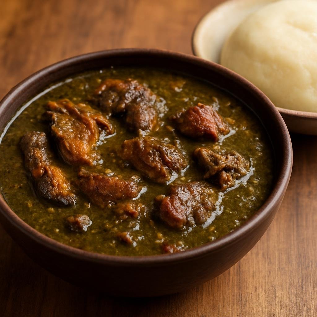 Entree: Cameroon – Southern Culinary Region – Nkui (A traditional southern Cameroonian thick savory soup made with nkui spice or paste, smoked fish and meats, and served with fufu or starch) recipe