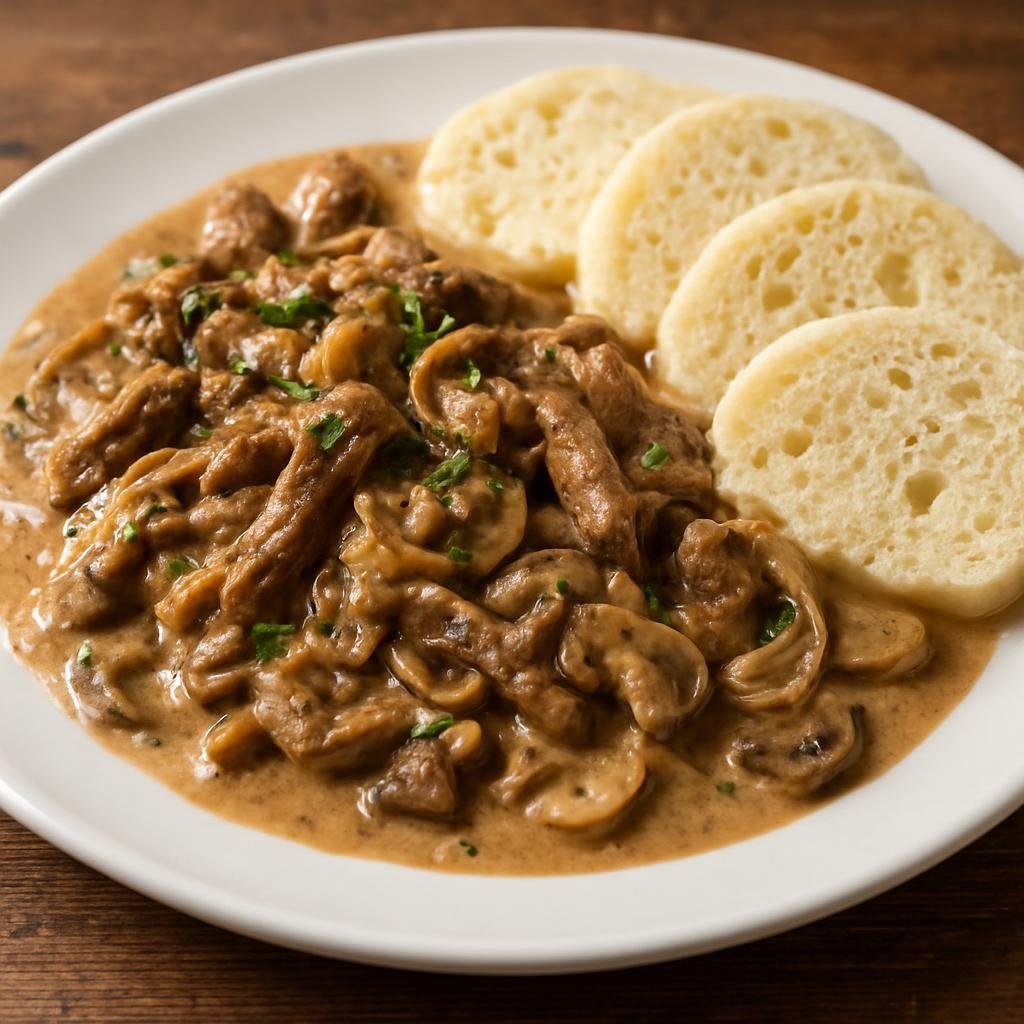 Entree: Czechia – Prague Pub Classics – Hovězí Stroganov (Beef strips in a creamy mushroom and onion sauce) recipe