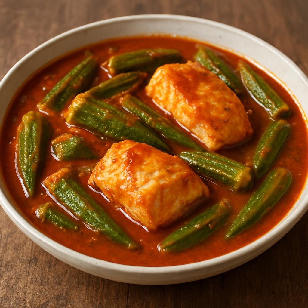 Entree: Equatorial Guinea – Southern Culinary Region – Okra and Fish Stew (Hearty tomato-and-palm-oil stew of fresh okra and firm white fish) recipe