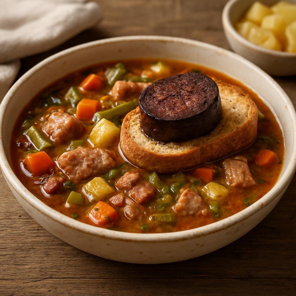 Entree: Spain – Balearic Islands – Sopes Mallorquines (Hearty Mallorcan vegetable and pork soup often finished with bread and local sausage) recipe