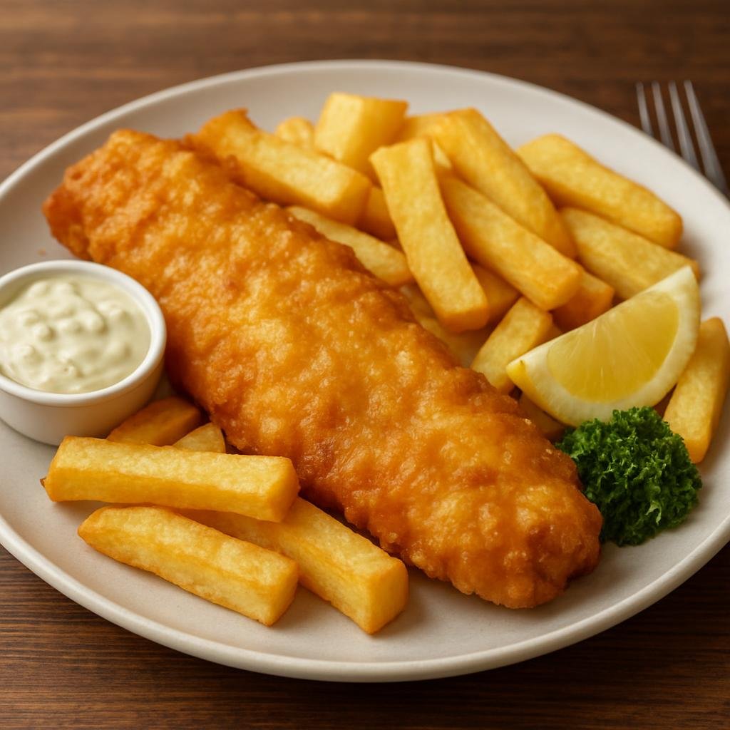 Entree: United Kingdom – England - London & Southeast – Haddock and Chips (Crispy beer-battered fried haddock served with thick-cut fried potatoes and traditional condiments) recipe