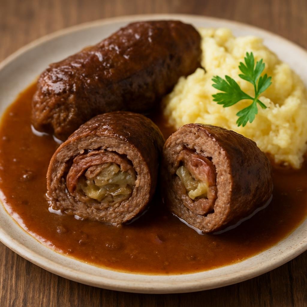 Entree: Poland – Mazovia / Warsaw – Sztuka Mięsa (A Polish-style beef roulade stuffed with bacon, onion, and pickles, braised in a rich savory gravy) recipe