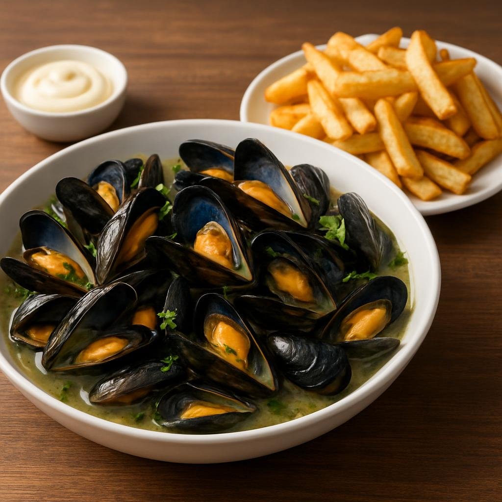 Entree: Belgium – Flanders – Mosselen met Friet (Steamed mussels in a white wine and aromatic broth served with Belgian-style fried potatoes) recipe