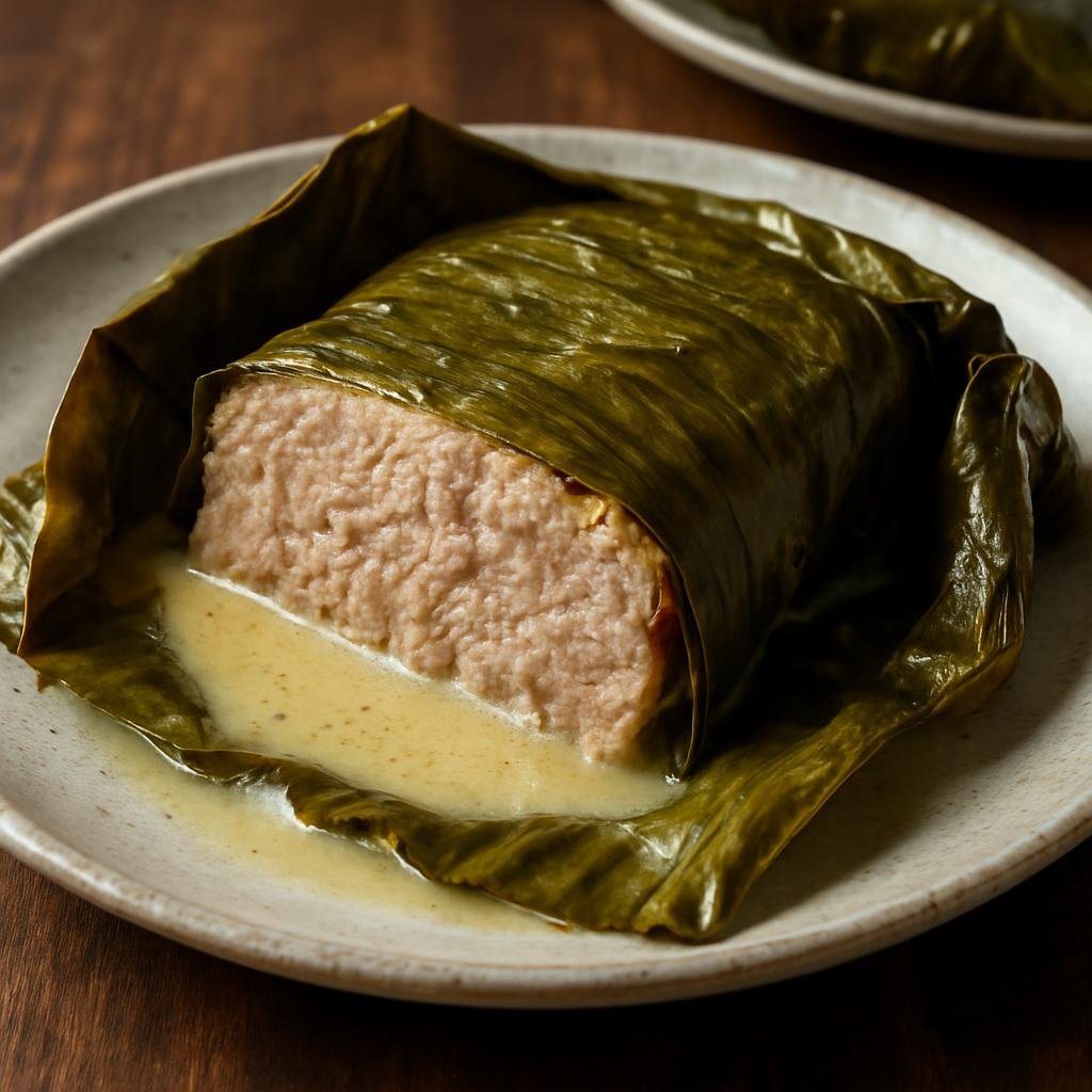Entree: American Samoa – Southern Culinary Region – Keke Pua'a (A savory Samoan pork loaf wrapped in banana leaves and cooked with coconut milk) recipe