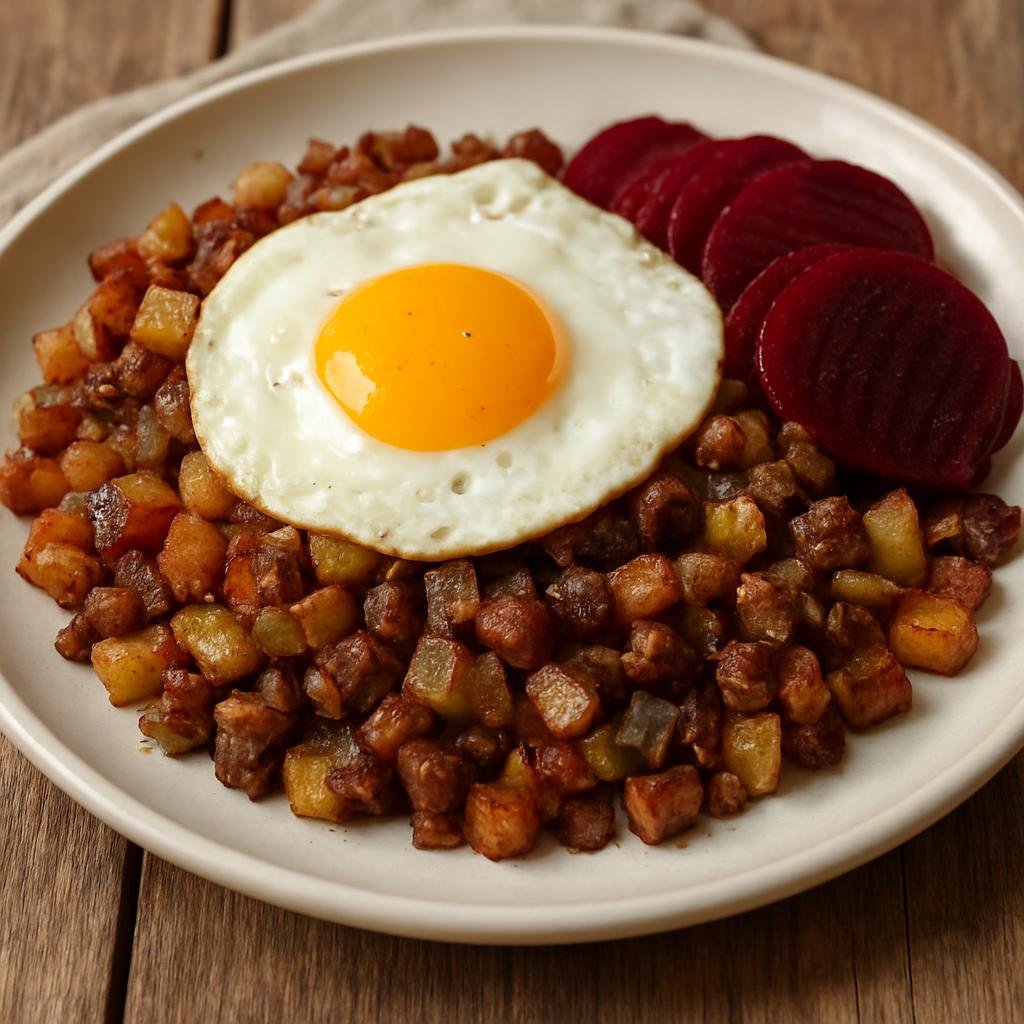 Entree: Sweden – West Coast Sweden – Pytt i panna (Traditional Swedish chopped meat and potato hash pan-fried and served with a fried egg and pickled beets) recipe