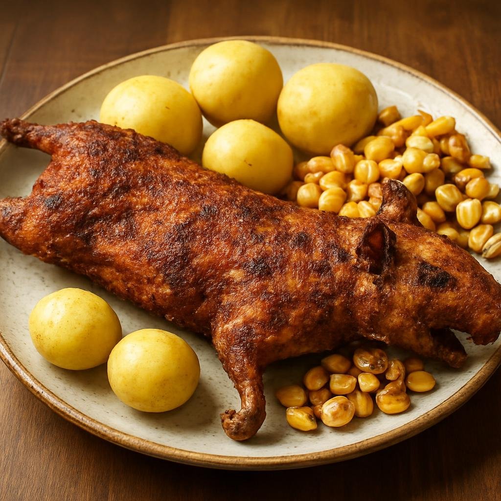 Entree: Peru – Cuzco – Cuy Chactado (Crisply pan-fried whole guinea pig seasoned with Andean spices and served with boiled potatoes and toasted corn) recipe