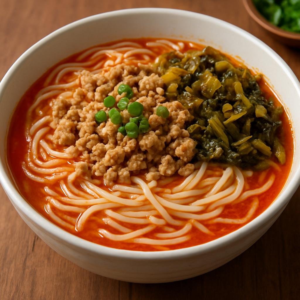 Entree: Myanmar – Shan State Cuisine – ရှမ်းခေါက်ဆွဲ ➤ Shan khauk swè (Shan-style rice noodle bowl with a light savory tomato-garlic broth, seasoned pork, and pickled greens) recipe