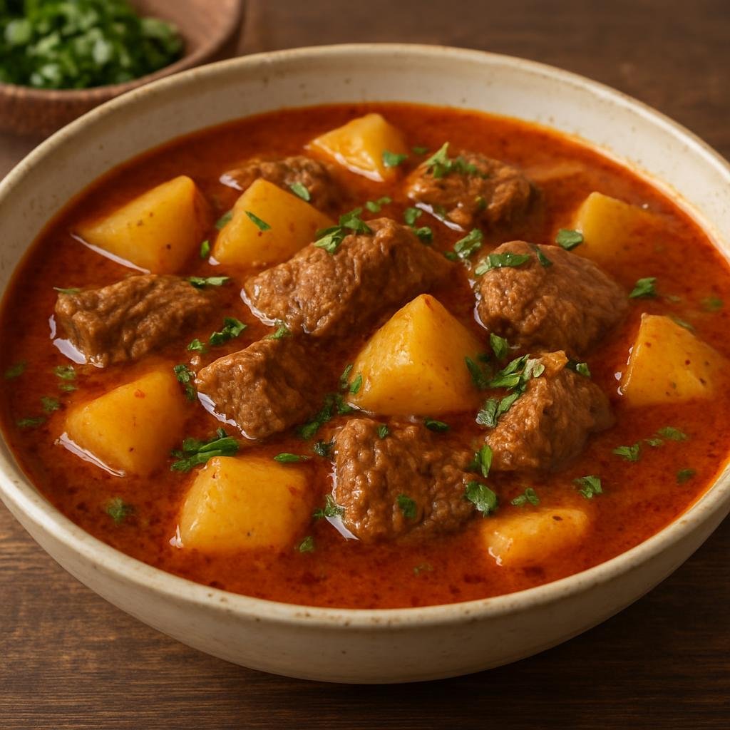 Entree: Mexico – Durango & Zacatecas – Caldillo Durangueño (A clear, savory Durango-style beef and potato stew seasoned with red chile and herbs) recipe