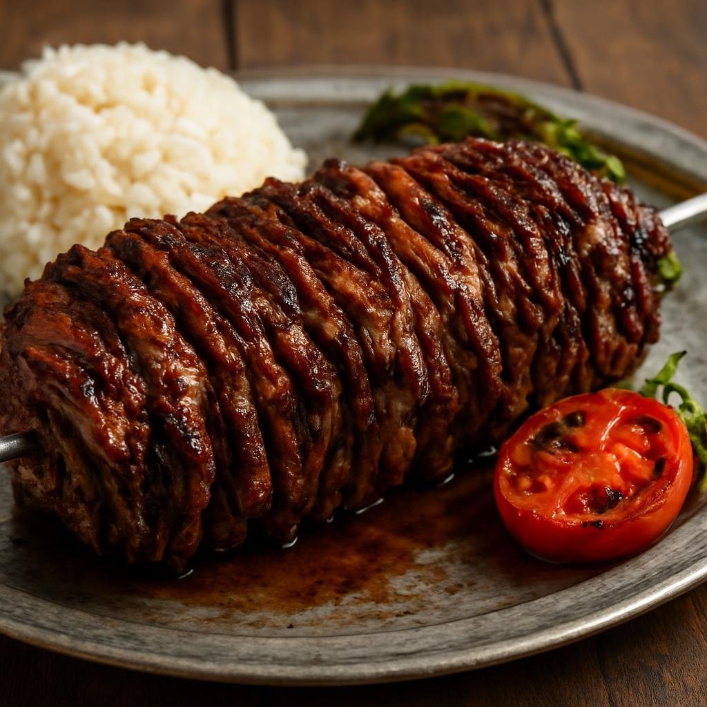 Entree: Turkey – Eastern Anatolia – Cağ Kebabı (Rotisserie-style marinated lamb slices stacked and grilled on a horizontal spit) recipe